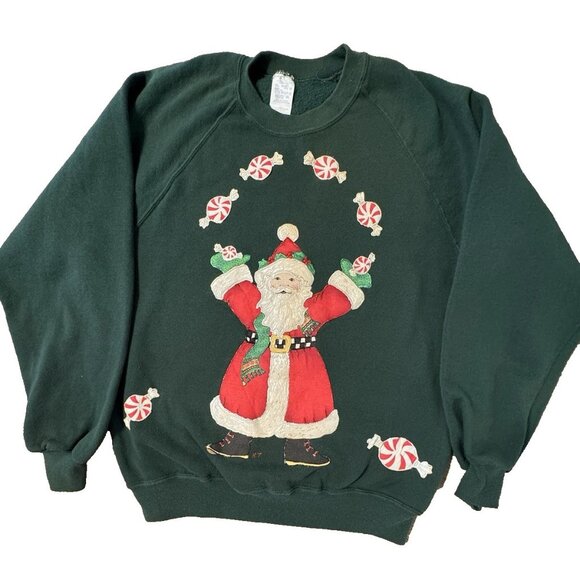 Vtg Ugly Christmas Painted Santa Sweatshirt Crewneck USA XL Jerzees Holiday - Picture 1 of 8